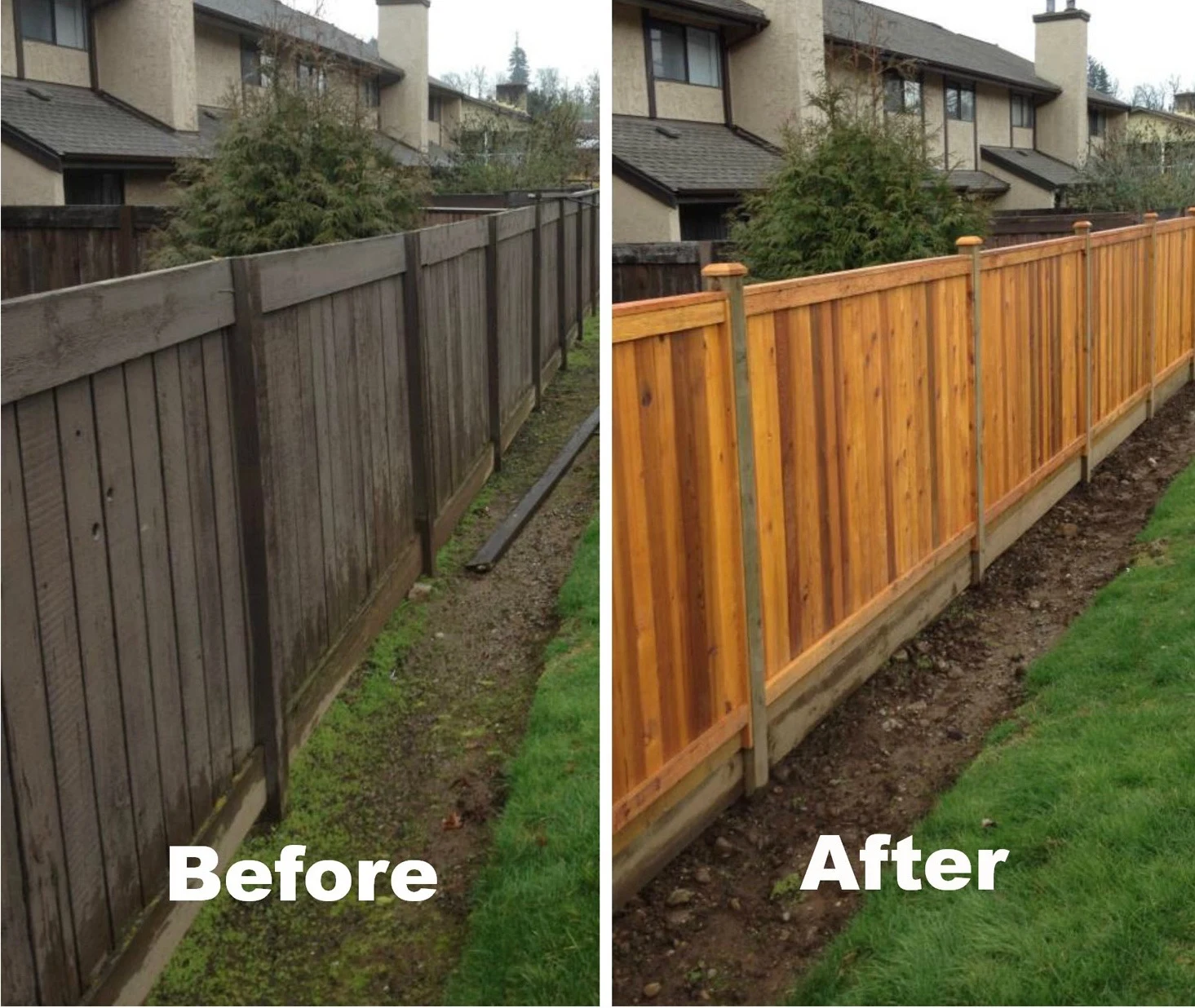 Before and after photo of a boundary fence replacement by Community Heroes volunteers